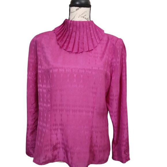 Pierre Cardin | Vtg 80’s Fuchsia High Neck Pleated Top Blouse | Size L - Picture 2 of 12